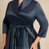 Mother of the Bride Dresses | A-line V-Neck Collared Asymmetrical Satin Mother of the Bride Dress With Bow Dark Navy – Womens