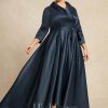 Mother of the Bride Dresses | A-line V-Neck Collared Asymmetrical Satin Mother of the Bride Dress With Bow Dark Navy – Womens