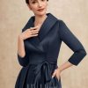 Mother of the Bride Dresses | A-line V-Neck Collared Asymmetrical Satin Mother of the Bride Dress With Bow Dark Navy – Womens