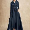 Mother of the Bride Dresses | A-line V-Neck Collared Asymmetrical Satin Mother of the Bride Dress With Bow Dark Navy – Womens