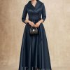 Mother of the Bride Dresses | A-line V-Neck Collared Asymmetrical Satin Mother of the Bride Dress With Bow Dark Navy – Womens