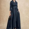 Mother of the Bride Dresses | A-line V-Neck Collared Asymmetrical Satin Mother of the Bride Dress With Bow Dark Navy – Womens