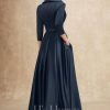 Mother of the Bride Dresses | A-line V-Neck Collared Asymmetrical Satin Mother of the Bride Dress With Bow Dark Navy – Womens