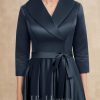 Mother of the Bride Dresses | A-line V-Neck Collared Asymmetrical Satin Mother of the Bride Dress With Bow Dark Navy – Womens