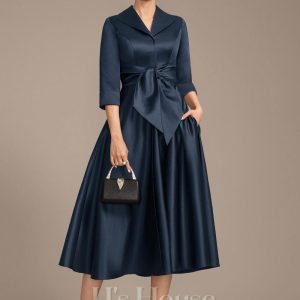 Mother of the Bride Dresses | A-line V-Neck Collared Tea-Length Satin Mother of the Bride Dress Dark Navy – Womens