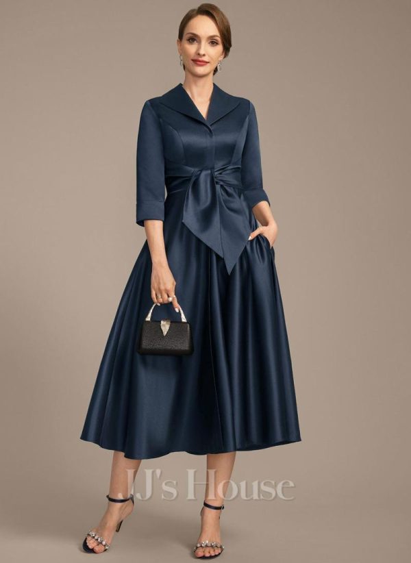 Mother of the Bride Dresses | A-line V-Neck Collared Tea-Length Satin Mother of the Bride Dress Dark Navy – Womens