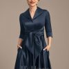 Mother of the Bride Dresses | A-line V-Neck Collared Tea-Length Satin Mother of the Bride Dress Dark Navy – Womens