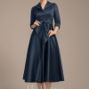 Mother of the Bride Dresses | A-line V-Neck Collared Tea-Length Satin Mother of the Bride Dress Dark Navy – Womens