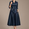 Mother of the Bride Dresses | A-line V-Neck Collared Tea-Length Satin Mother of the Bride Dress Dark Navy – Womens