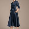 Mother of the Bride Dresses | A-line V-Neck Collared Tea-Length Satin Mother of the Bride Dress Dark Navy – Womens