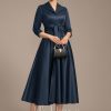 Mother of the Bride Dresses | A-line V-Neck Collared Tea-Length Satin Mother of the Bride Dress Dark Navy – Womens