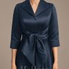 Mother of the Bride Dresses | A-line V-Neck Collared Tea-Length Satin Mother of the Bride Dress Dark Navy – Womens