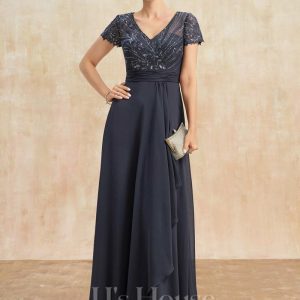 Mother of the Bride Dresses | A-line V-Neck Floor-Length Chiffon Lace Mother of the Bride Dress With Cascading Ruffles Sequins Beading As Picture – Womens