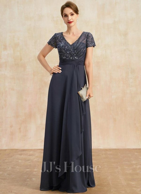 Mother of the Bride Dresses | A-line V-Neck Floor-Length Chiffon Lace Mother of the Bride Dress With Cascading Ruffles Sequins Beading As Picture – Womens