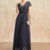 Mother of the Bride Dresses | A-line V-Neck Floor-Length Chiffon Lace Mother of the Bride Dress With Cascading Ruffles Sequins Beading As Picture – Womens