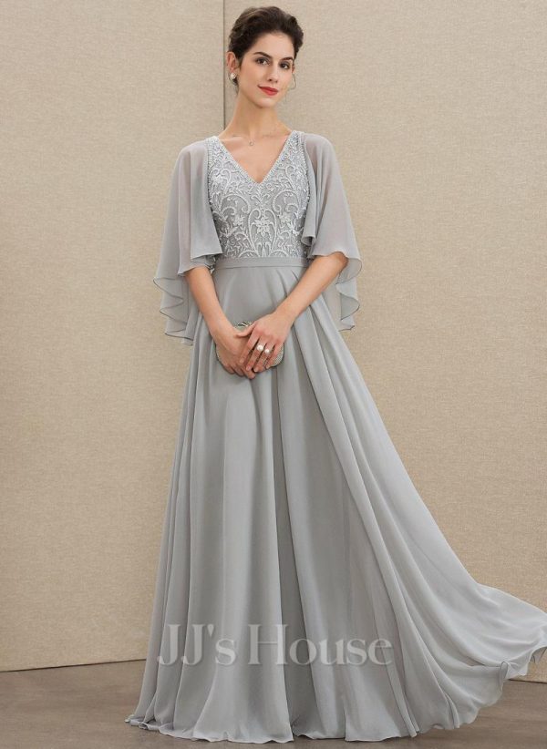 Mother of the Bride Dresses | A-line V-Neck Floor-Length Chiffon Lace Mother of the Bride Dress With Sequins Beading As Picture – Womens