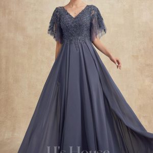 Mother of the Bride Dresses | A-line V-Neck Floor-Length Chiffon Lace Mother of the Bride Dress With Sequins Beading Stormy – Womens