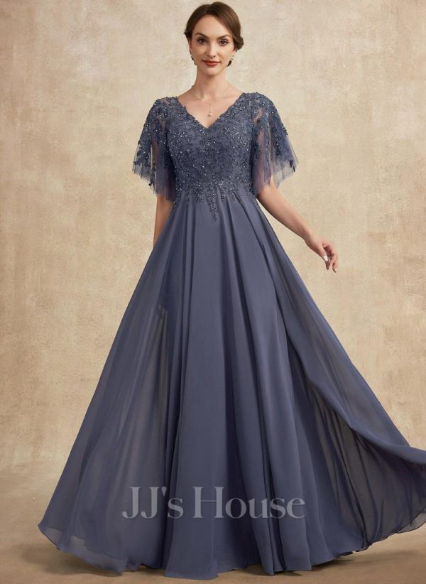 Mother of the Bride Dresses | A-line V-Neck Floor-Length Chiffon Lace Mother of the Bride Dress With Sequins Beading Stormy – Womens