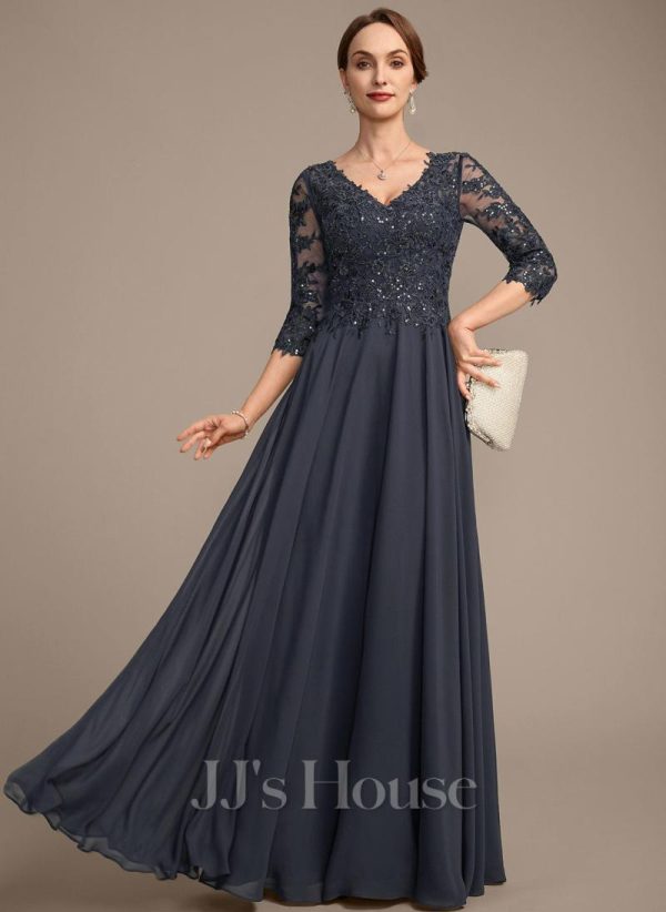 Mother of the Bride Dresses | A-line V-Neck Floor-Length Lace Chiffon Mother of the Bride Dress With Sequins As Picture – Womens