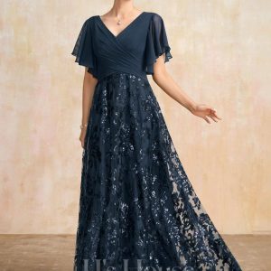 Mother of the Bride Dresses | A-line V-Neck Floor-Length Lace Sequin Chiffon Mother of the Bride Dress With Pleated Dark Navy – Womens