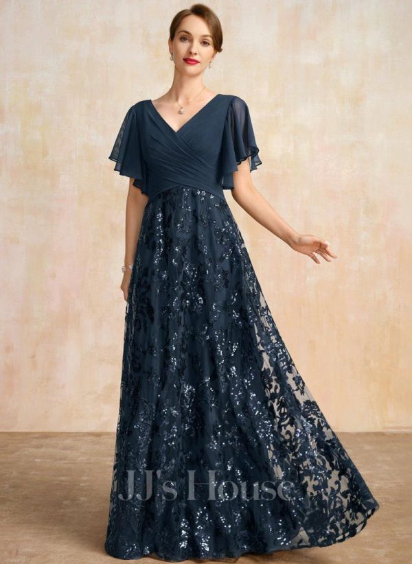 Mother of the Bride Dresses | A-line V-Neck Floor-Length Lace Sequin Chiffon Mother of the Bride Dress With Pleated Dark Navy – Womens