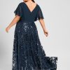 Mother of the Bride Dresses | A-line V-Neck Floor-Length Lace Sequin Chiffon Mother of the Bride Dress With Pleated Dark Navy – Womens