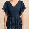 Mother of the Bride Dresses | A-line V-Neck Floor-Length Lace Sequin Chiffon Mother of the Bride Dress With Pleated Dark Navy – Womens