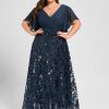 Mother of the Bride Dresses | A-line V-Neck Floor-Length Lace Sequin Chiffon Mother of the Bride Dress With Pleated Dark Navy – Womens