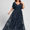 Mother of the Bride Dresses | A-line V-Neck Floor-Length Lace Sequin Chiffon Mother of the Bride Dress With Pleated Dark Navy – Womens