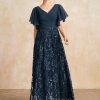 Mother of the Bride Dresses | A-line V-Neck Floor-Length Lace Sequin Chiffon Mother of the Bride Dress With Pleated Dark Navy – Womens