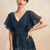 Mother of the Bride Dresses | A-line V-Neck Floor-Length Lace Sequin Chiffon Mother of the Bride Dress With Pleated Dark Navy – Womens