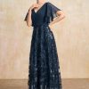 Mother of the Bride Dresses | A-line V-Neck Floor-Length Lace Sequin Chiffon Mother of the Bride Dress With Pleated Dark Navy – Womens