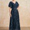 Mother of the Bride Dresses | A-line V-Neck Floor-Length Lace Sequin Chiffon Mother of the Bride Dress With Pleated Dark Navy – Womens