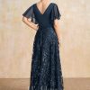 Mother of the Bride Dresses | A-line V-Neck Floor-Length Lace Sequin Chiffon Mother of the Bride Dress With Pleated Dark Navy – Womens