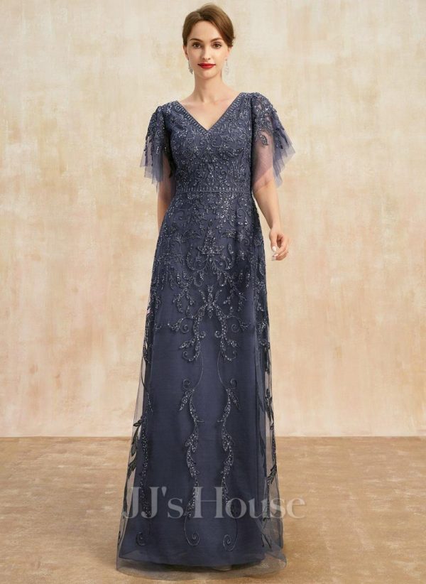 Mother of the Bride Dresses | A-line V-Neck Floor-Length Tulle Lace Mother of the Bride Dress With Sequins Stormy – Womens