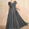 Mother of the Bride Dresses | A-line V-Neck Illusion Ankle-Length Chiffon Lace Mother of the Bride Dress With Sequins Steel Grey – Womens