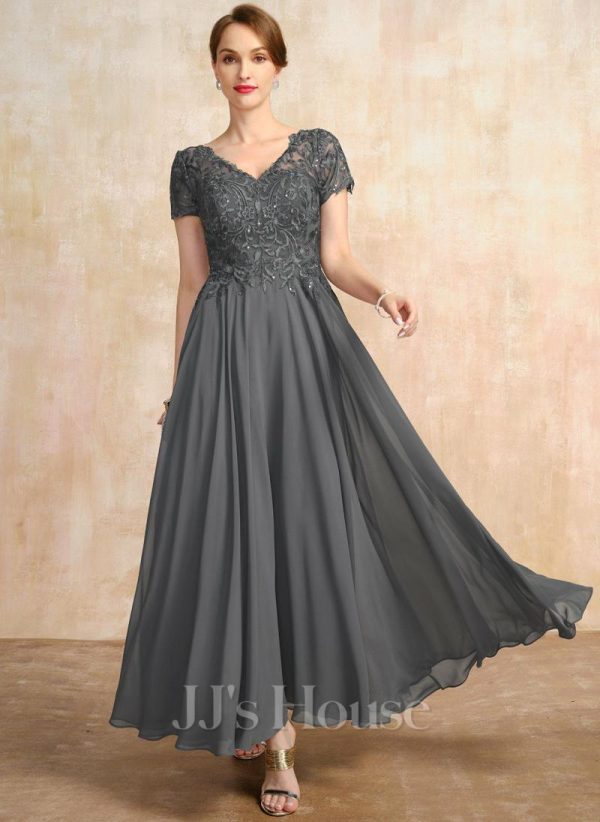 Mother of the Bride Dresses | A-line V-Neck Illusion Ankle-Length Chiffon Lace Mother of the Bride Dress With Sequins Steel Grey – Womens