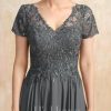 Mother of the Bride Dresses | A-line V-Neck Illusion Ankle-Length Chiffon Lace Mother of the Bride Dress With Sequins Steel Grey – Womens