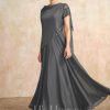 Mother of the Bride Dresses | A-line V-Neck Illusion Ankle-Length Chiffon Lace Mother of the Bride Dress With Sequins Steel Grey – Womens