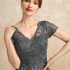 Mother of the Bride Dresses | A-line V-Neck Illusion Ankle-Length Chiffon Lace Mother of the Bride Dress With Sequins Steel Grey – Womens