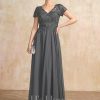 Mother of the Bride Dresses | A-line V-Neck Illusion Ankle-Length Chiffon Lace Mother of the Bride Dress With Sequins Steel Grey – Womens