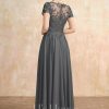 Mother of the Bride Dresses | A-line V-Neck Illusion Ankle-Length Chiffon Lace Mother of the Bride Dress With Sequins Steel Grey – Womens