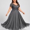 Mother of the Bride Dresses | A-line V-Neck Illusion Ankle-Length Chiffon Lace Mother of the Bride Dress With Sequins Steel Grey – Womens