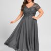 Mother of the Bride Dresses | A-line V-Neck Illusion Ankle-Length Chiffon Lace Mother of the Bride Dress With Sequins Steel Grey – Womens