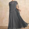 Mother of the Bride Dresses | A-line V-Neck Illusion Ankle-Length Chiffon Lace Mother of the Bride Dress With Sequins Steel Grey – Womens