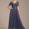 Mother of the Bride Dresses | A-line V-Neck Illusion Floor-Length Lace Chiffon Mother of the Bride Dress With Sequins Stormy – Womens