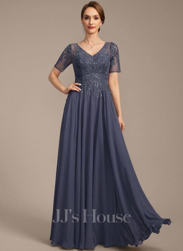 Mother of the Bride Dresses | A-line V-Neck Illusion Floor-Length Lace Chiffon Mother of the Bride Dress With Sequins Stormy – Womens