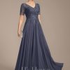 Mother of the Bride Dresses | A-line V-Neck Illusion Floor-Length Lace Chiffon Mother of the Bride Dress With Sequins Stormy – Womens