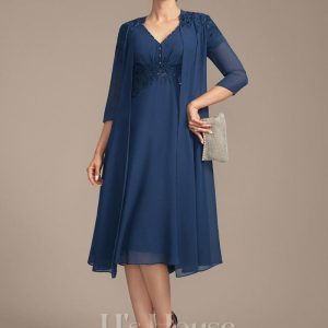 Mother of the Bride Dresses | A-line V-Neck Knee-Length Chiffon Lace Mother of the Bride Dress With Pleated Beading Sequins Navy Blue – Womens