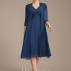 Mother of the Bride Dresses | A-line V-Neck Knee-Length Chiffon Lace Mother of the Bride Dress With Pleated Beading Sequins Navy Blue – Womens